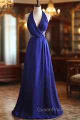 Royal Blue A-Line Halter Chiffon Satin Long Evening Prom Dresses V-Neck Beaded Birthday Party Dresses