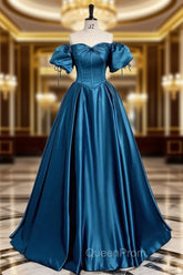 Royal Blue A-Line Evening Prom Dresses Off The Shoulder Pleated Dresses
