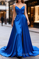 Royal Blue A Line Spaghetti Straps Satin Evening Prom Dresses with Slit