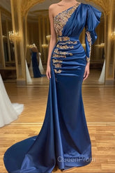 Royal Blue Asymmetric One Shoulder Stretch Satin Evening Evening Prom Dresses with Appliques