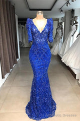 Royal blue Beaded Lace appliques 1/2 sleeve Mermaid Prom Party Gowns