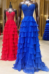 Royal Blue Chiffon Sweetheart Ruffle Tiered Long Evening Prom Dresses