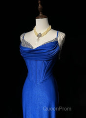 Royal Blue Elegant Mermaid Satin Spaghetti Strap Long Evening Prom Dresses Beaded Formal Evening Gown