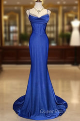 Royal Blue Elegant Mermaid Satin Spaghetti Strap Long Evening Prom Dresses Beaded Formal Evening Gown