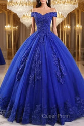 Royal Blue Lace Off the Shoulder Quinceanera Dresses with Flowers