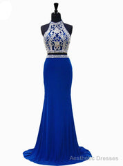 Royal Blue Mermaid High Neck Beaded Crystals Floor Length Prom Dress
