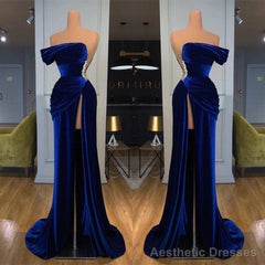 Royal Blue Off-the-shoulder Long Prom Evening Dress with Split