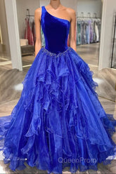 Royal Blue Evening Prom Dresses A Line One Shoulder Long Party Evening Dresses with Beading