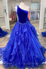Royal Blue Evening Prom Dresses A Line One Shoulder Long Party Evening Dresses with Beading