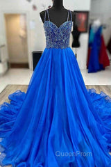 Royal Blue Evening Prom Dresses A Line Spaghetti Straps Long Party Evening Dresses with Beading