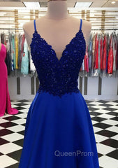 Royal Blue Evening Prom Dresses, A-line V Neck Regular Straps Long/Floor-Length Satin Evening Prom Dresses With Appliqued Beading