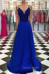 Royal Blue Evening Prom Dresses, A-line V Neck Regular Straps Long/Floor-Length Satin Evening Prom Dresses With Appliqued Beading