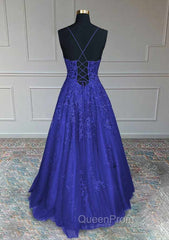 Royal Blue Evening Prom Dresses, A-line V Neck Spaghetti Straps Long/Floor-Length Tulle Evening Prom Dresses With Appliqued Beading Glitter