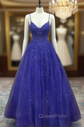 Royal Blue Evening Prom Dresses, A-line V Neck Spaghetti Straps Long/Floor-Length Tulle Evening Prom Dresses With Appliqued Beading Glitter