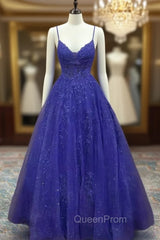 Royal Blue Evening Prom Dresses, A-line V Neck Spaghetti Straps Long/Floor-Length Tulle Evening Prom Dresses With Appliqued Beading Glitter