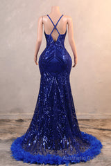 Royal Blue Prom Dresses Sequin Mermaid Long Evening Dresses Floor Length Sleeveless Spaghetti Strap with Feather