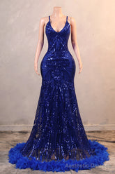 Royal Blue Prom Dresses Sequin Mermaid Long Evening Dresses Floor Length Sleeveless Spaghetti Strap with Feather