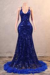Royal Blue Prom Dresses Sequin Mermaid Long Evening Dresses Floor Length Sleeveless Spaghetti Strap with Feather