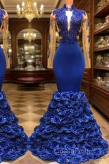 Royal Blue Robe De Soiree Mermaid Long Sleeves Flowers Lace Beaded Sexy Long Party Evening Prom Dresses Evening Prom Gown Evening Dresses