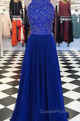 Royal Blue Round Neck Long Evening Prom Dresses, Blue Evening Dresses