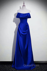 Royal Blue Satin A-Line Simple Long Party Dresses, Royal Blue Satin Floor Length Evening Prom Dresses