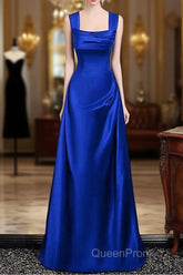 Royal Blue Satin A-Line Simple Long Party Dresses, Royal Blue Satin Floor Length Evening Prom Dresses