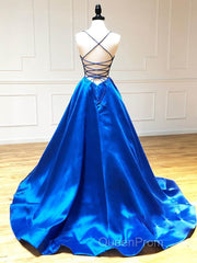 Royal Blue Satin A Line V Neck Long Evening Prom Dresses