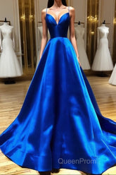 Royal Blue Satin A Line V Neck Long Evening Prom Dresses
