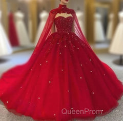 Royal Blue Tulle Ball Gown Evening Prom Dresses With Cape