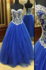 Royal Blue Tulle Beaded Long Evening Prom Dresses, Blue Evening Dresses