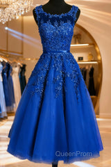 Royal Blue Tulle Tea Length Applique Round Neckline Formal Dresses, Blue Wedding Party Dresses