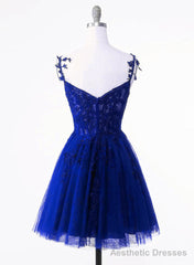 Royal Blue Tulle with Lace Applique Short Formal Dress, Royal Blue Homecoming Dress