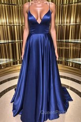 Royal Blue V Neck Backless Satin Long Evening Prom Dresses, Royal Blue Formal Dresses, Backless Royal Blue Evening Dresses