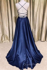 Royal Blue V Neck Backless Satin Long Evening Prom Dresses, Royal Blue Formal Dresses, Backless Royal Blue Evening Dresses