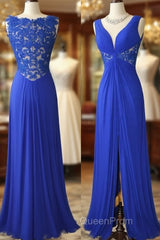 Royal Blue V Neck Chiffon Lace Long Evening Prom Dresses, Evening Dresses