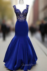Royal Blue V Neck Mermaid Long Evening Prom Dresses, Blue Evening Dresses
