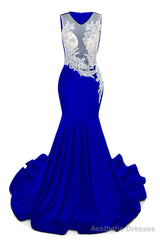 Royal Blue V-Neck Sheer Corset Prom Dresses Beaded Mermaid Long Train Evening Gowns
