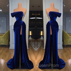 Royal Blue Velvet Trumpet Mermaid Evening Prom Dresses With Slit