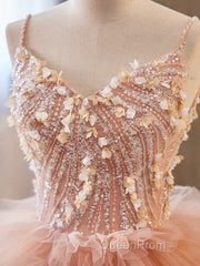 Unique V Neck Tulle Sequin Orange Pink Long Evening Prom Dresses, Orange Pink Sweet 16 Dresses