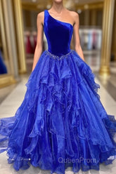 Ruffle One Shoulder Royal Blue Velvet Top Long Formal Dresses