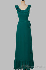 Ruffled Crew Neck Emerald Chiffon Midi Bridesmaid Dress