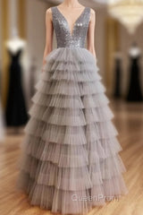 Ruffles Tulle V Neck Gray Sequin Long Evening Prom Dresses