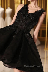Black V Neck Lace Short Evening Prom Dresses, Homecoming Dresses, Homecoming Dresses