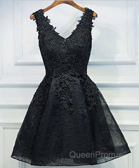 Black V Neck Lace Short Evening Prom Dresses, Homecoming Dresses, Homecoming Dresses