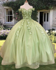 Sage Ball Gown 3D Flowers Off The Shoulder Dresses