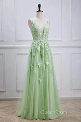 Sage Green Long Evening Prom Dresses Lace Appliques V Neck Lace-Up
