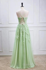 Sage Green Long Evening Prom Dresses Lace Appliques V Neck Lace-Up