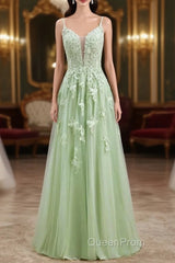 Sage Green Long Evening Prom Dresses Lace Appliques V Neck Lace-Up