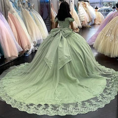 Sage Green Princess Quinceanera Dresses Ball Gown Applique Off Shoulder Sweet 16 Evening Prom Dresses