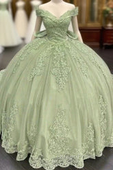 Sage Green Princess Quinceanera Dresses Ball Gown Applique Off Shoulder Sweet 16 Evening Prom Dresses